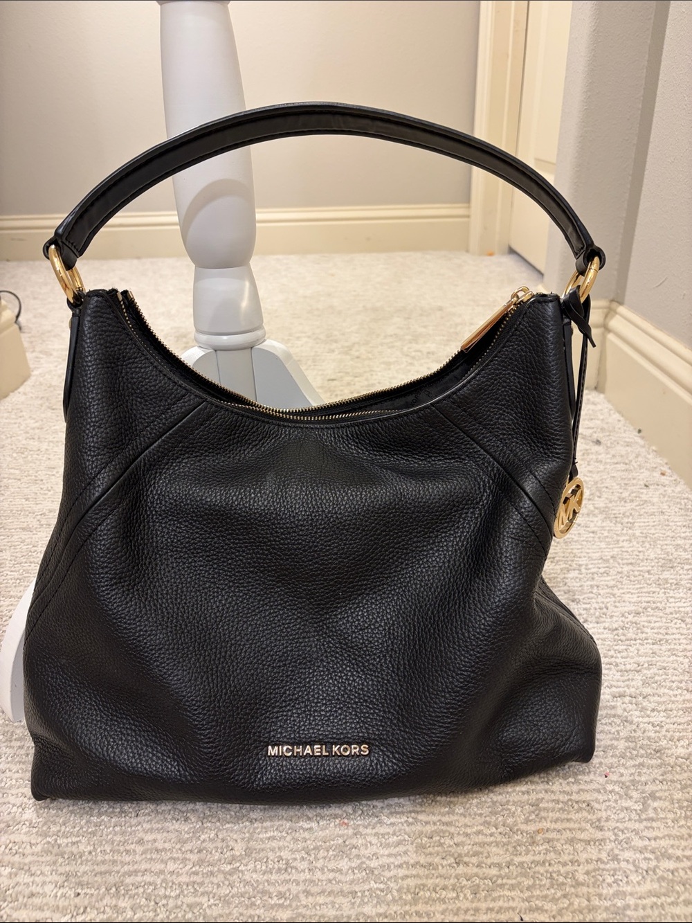 Michael Kors Black Pebbled Leather Shoulder Hobo with Gold Hardware
